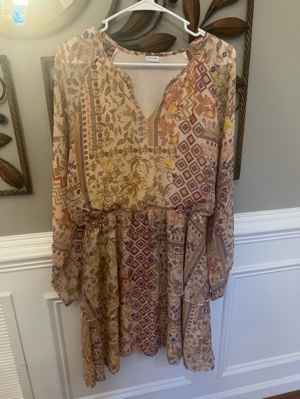 LASCANA Beige Floral & Geometric Long Sleeve Dress